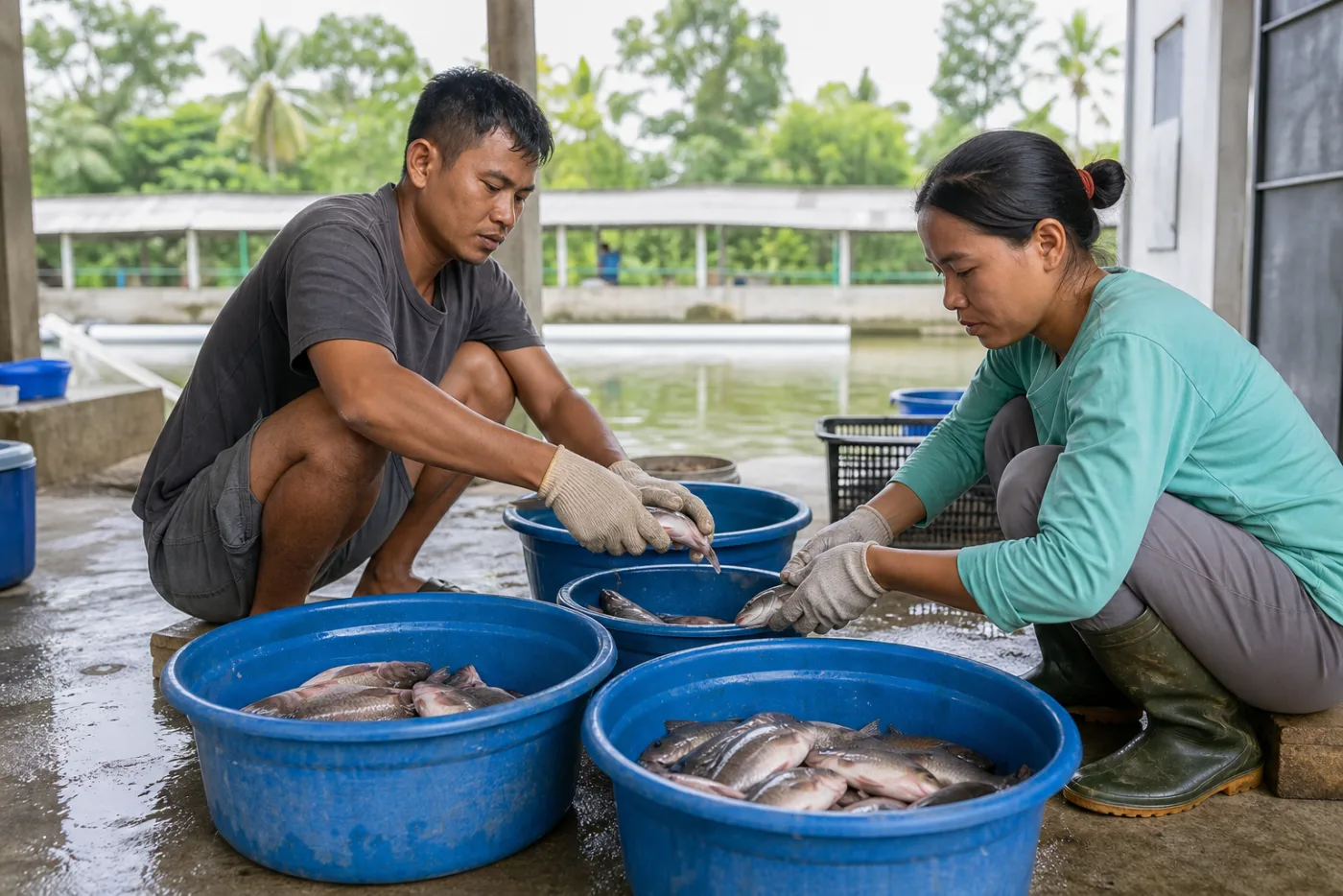 Tim menyortir ikan di area budidaya